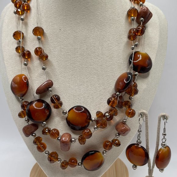 Amber Art Glass Semi-Precious Multi-strand Layered Draped Necklace & Earrings - Picture 1 of 10